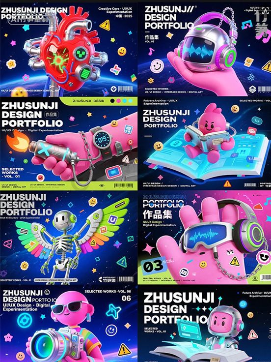 AI直出8组作品集封面排版！不用画图替换关键词直接用